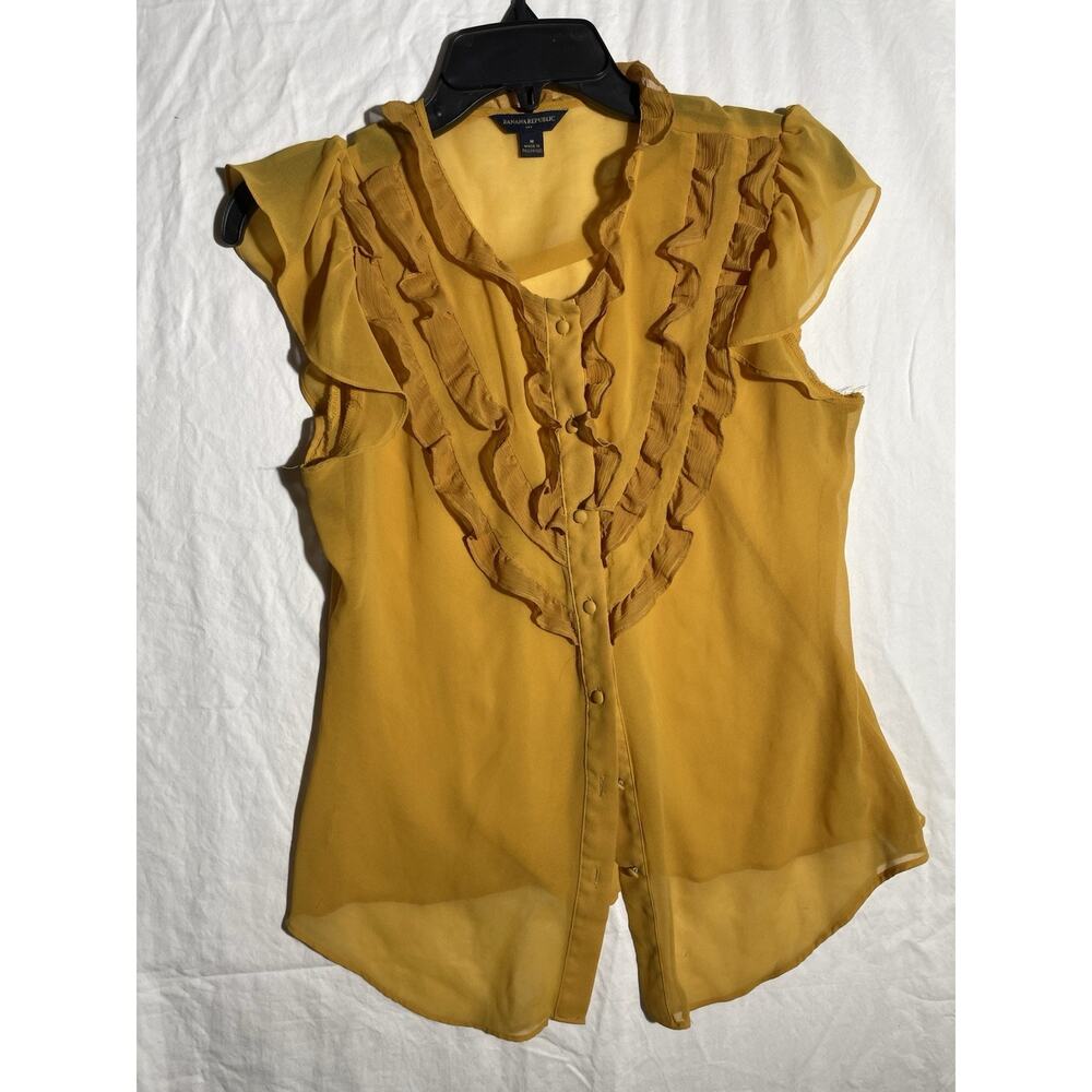 Banana Republic M Women's Mustard Yellow Ruffle Button Sleeveless Blouse Top